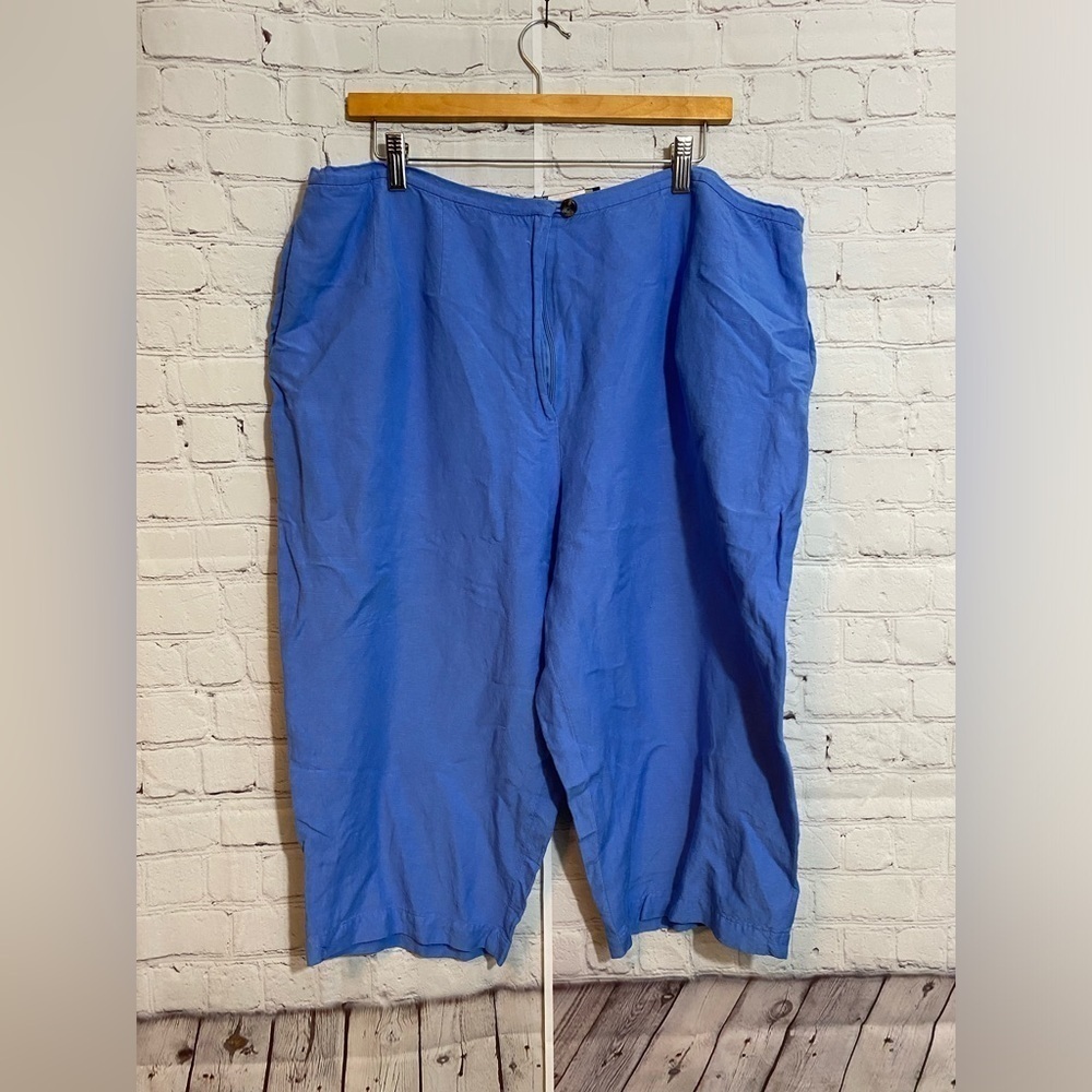 Harve Benard Womens Plus Size 1X Linen Blend Blue High Waisted Capri Pants
